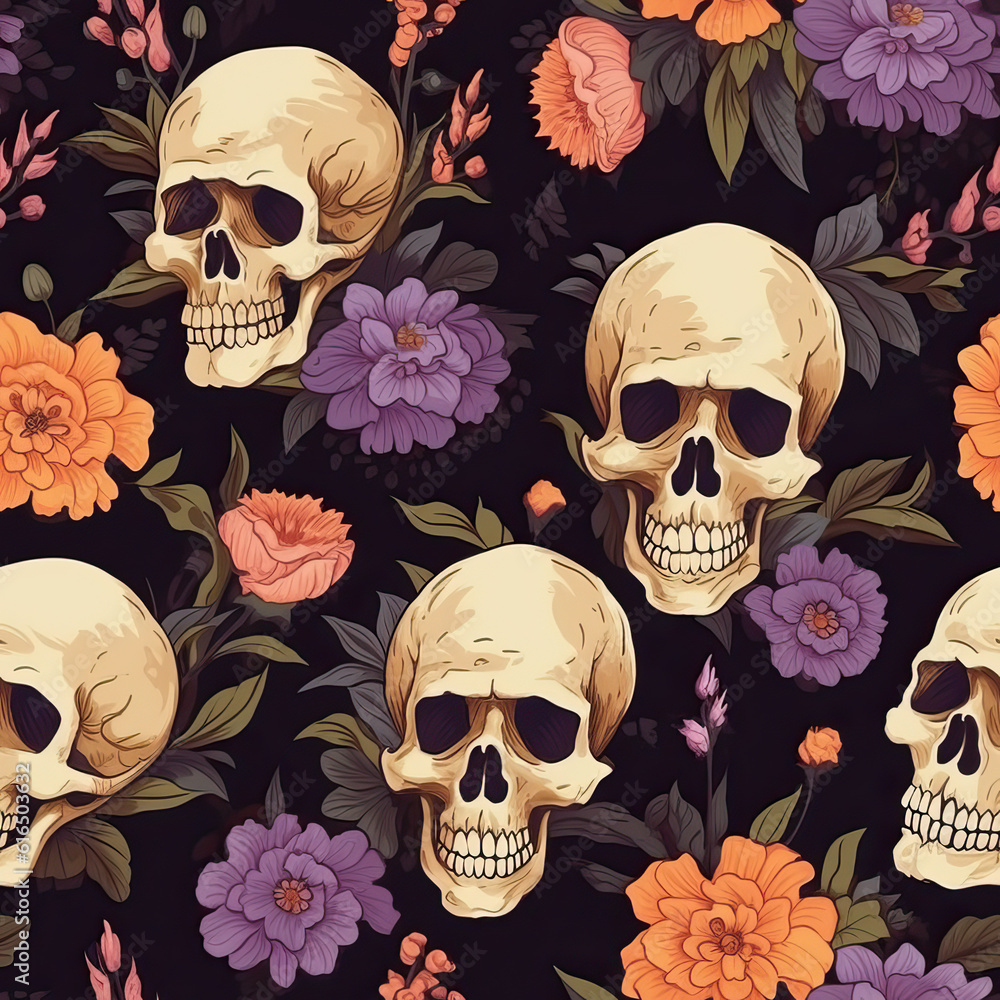 Skulls and flowers seamless repeat pattern Skulls and flowers seamless repeat pattern