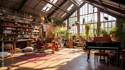 Bright and Airy Sunlit Music Room with Piano and Instruments, Interior Design Inspiration, Generative AI