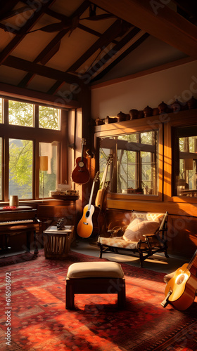 Serene morning in a music room with a guitar and piano, artistic interior design, perfect for musicians, generative AI
