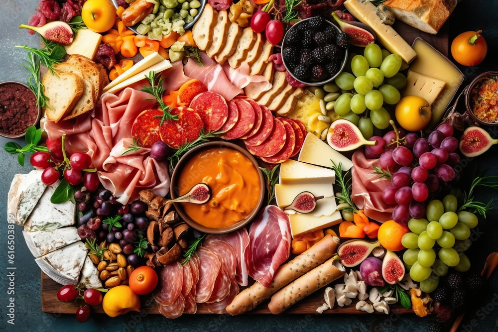 Food on the table, Flat lay of charcuterie board with popular food (Ai generated) Food on the table, Flat lay of charcuterie board with popular food (Ai generated)