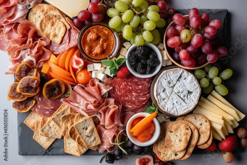 Food on the table, Flat lay of charcuterie board with popular food (Ai generated)