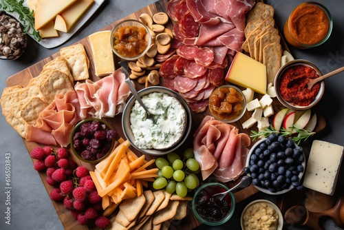 Food on the table, Flat lay of charcuterie board with popular food (Ai generated)