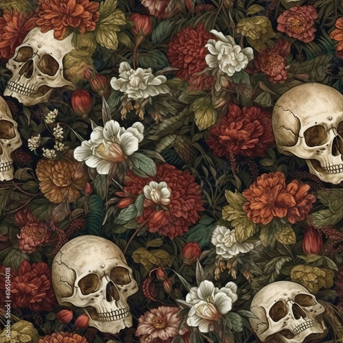 Skulls and flowers seamless repeat pattern