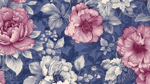 Floral Toile vintage pattern, flower painting (Ai generated)