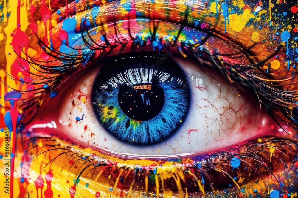 Painted eye, where an array of vivid colors and liquid textures