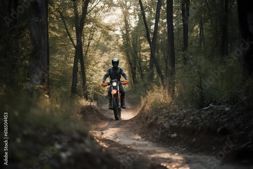Rider driving motorcycle through forests roads, Generative AI © Kenishirotie