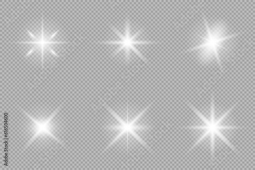 Set of Vector white  glowing sparkling stars.   Shine glitter stars