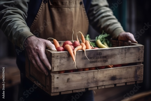 Farmer carrying crate of fresh vegetables, Generative AI