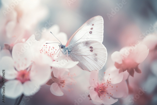 Delicately pink romantic natural floral background with a white butterfly on flower in soft daylight with beautiful bokeh and pastel colors, close-up macro with generative AI technology