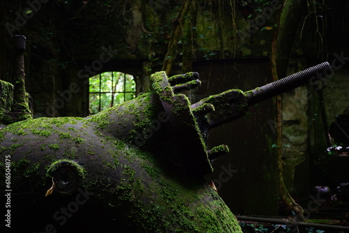 Detail of old machinery abandoned in the forest coverde by the moss photo