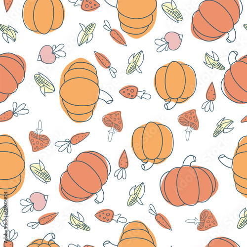Seamless pattern of pumpkin and other vegetables. Pumpkin, carrot, radish, beet. Vegetable print. A pattern of simple elements. Vector illustration.