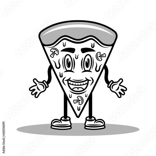 Pizza piece cartoon character with hands and legs vector illustration in vintage monochrome style isolated on white background