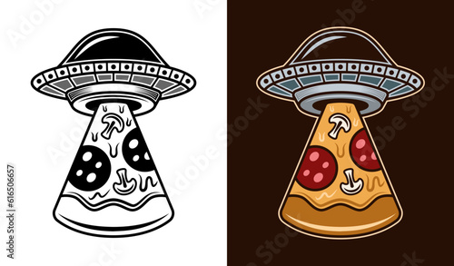 Ufo stealing pizza slice vector illustration in two styles black on white and colored on dark background