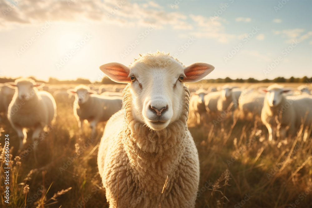 sheep grazing on vast mountain slope in warm sunset light , Eid-al-Adha concept