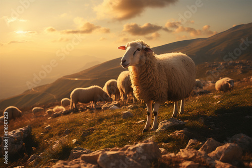 sheep grazing on vast mountain slope in warm sunset light , Eid-al-Adha concept