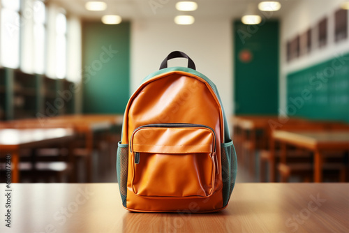 School backpack on table in classroom 