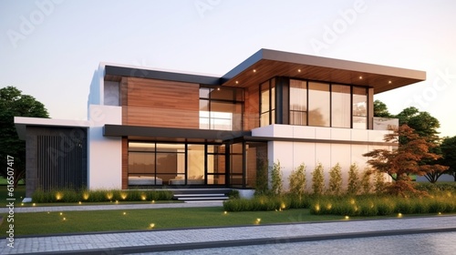 A modern house exterior with an empty background,Ganerative AI. © Dhiman