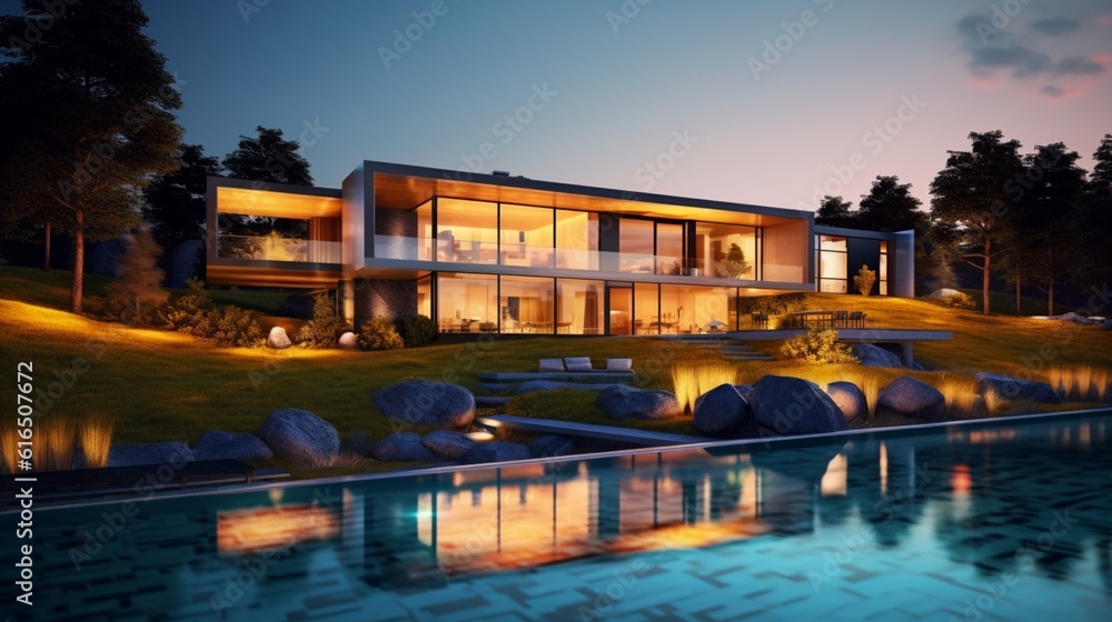 A modern house on the lawn, illuminated by the enchanting evening scene ,Ganerative AI.