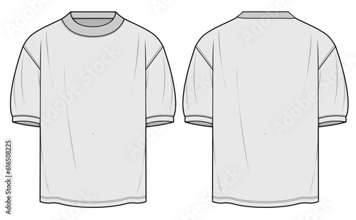 Men's Rib Hem Short Sleeve T-Shirt Front and Back View. Fashion Flat Sketch Vector Illustration, CAD, Technical Drawing, Flat Drawing, Template, Mockup. 