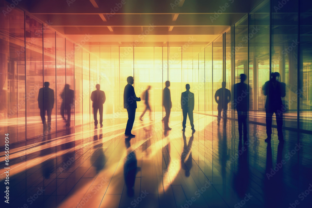 Silhouettes of group of people in business office with motion blur effect. Crowd of unrecognizable people walking in building with glass facade. City life. Created with Generative AI