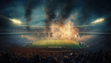 Fans at stadium are burning flares and smoke bombs. Football stadium during soccer match. Created with Generative AI