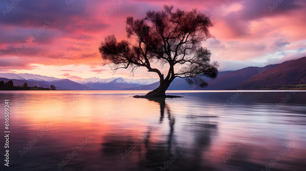 Beautifully alone Wanaka tree in Wanaka Lake, New Zealand during sunset. Beautifully alone Wanaka tree in Wanaka Lake, New Zealand during sunset.