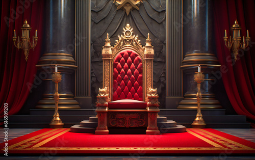 throne chair with crown on red carpet