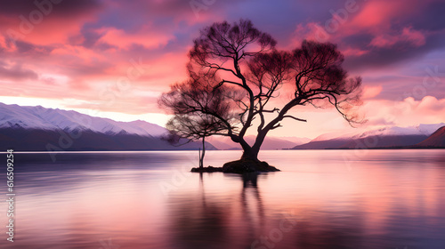 Beautifully alone Wanaka tree in Wanaka Lake, New Zealand during sunset.