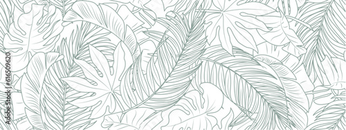 Tropical leaf line art wallpaper background vector. Design of natural monstera leaves and banana leaves in a minimalist linear outline style. Design for fabric, print, cover, banner, decoration.