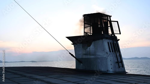 Smoke from black chimneys on board ferries or cruise ships