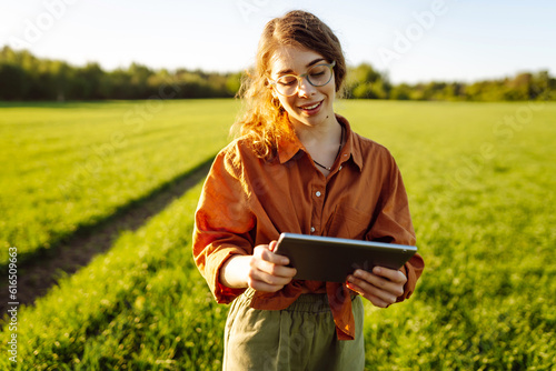 Smart farm. Female farmer uses a specialized app on a digital tablet for checking wheat. Agriculture, gardening or ecology concept.