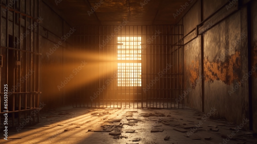 A prison cell with rays of light shining through the window, Ganerative AI.