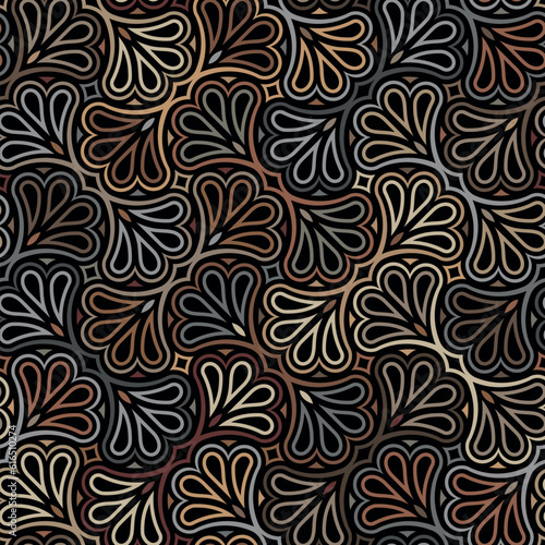 Seamless abstract floral pattern with multicolored geometric leaves on a black background. Grey and brown foliage. Graphic textile texture. Art deco traditional palmette. Vector illustration.