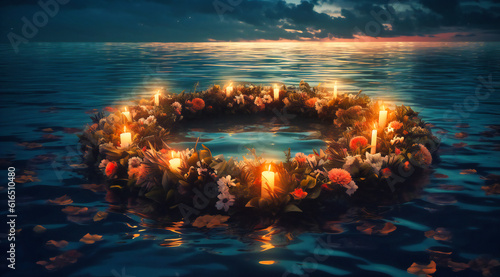 Fotografiet a wreath made of flowers and candles floating in water