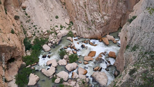 Panoramic landscape views looking over the El Chorro gorge from the El Caminito del Rey walkway 