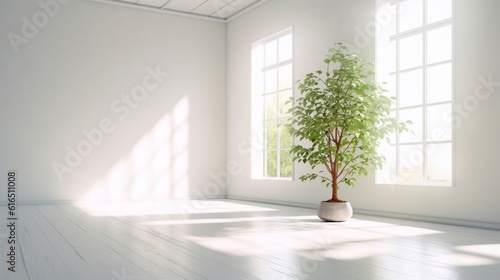 A white empty room featuring a plant of natural sunlight, Generative AI.