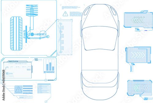 Driving suspension work control system without driver assistance. Safe driving. Vector Futuristic car user interface HUD UI Hologram of the car, scanning. Abstract virtual graphic touch user interface