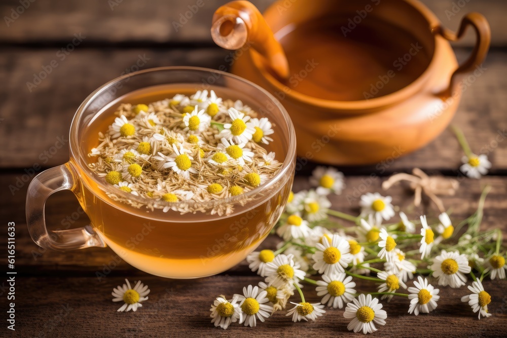 Herbal chamomile tea and chamomile flowers. Generative AI Herbal chamomile tea and chamomile flowers. Generative AI
