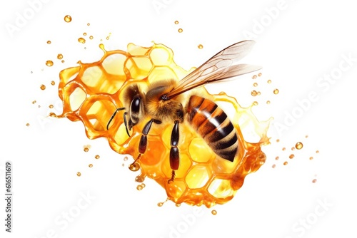 Close-up bee on honey comb with honey, isolated on transparent background cutout. Generative AI