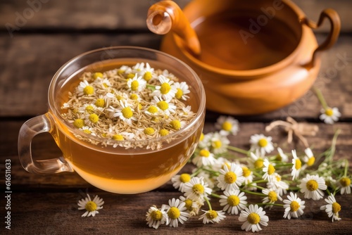 Herbal chamomile tea and chamomile flowers. Generative AI
