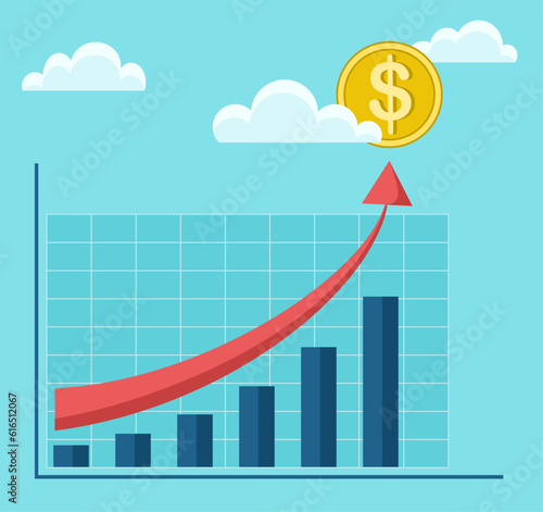 Chart with financial growth arrow and dollar coin. The concept of growth of finance and profit in the company's business. Financial success, planning, management and marketing. Vector illustration.
