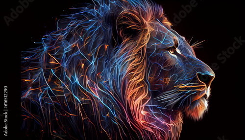 Abstract neon light Lion  artwork design  digital art Ai generated image