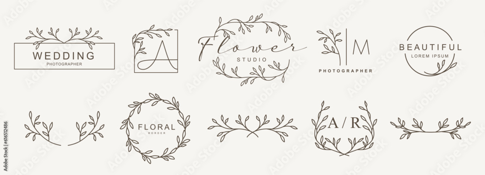 Logo templates with hand drawn branches and leaves in line art. Elegant vector floral frame, wreath for label, corporate identity, wedding invitation, save the date Logo templates with hand drawn branches and leaves in line art. Elegant vector floral frame, wreath for label, corporate identity, wedding invitation, save the date