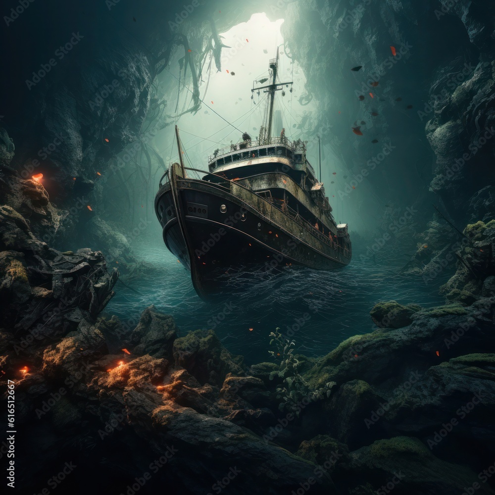 The illustration of the wreck of a sunken ancient merchant ship in the 