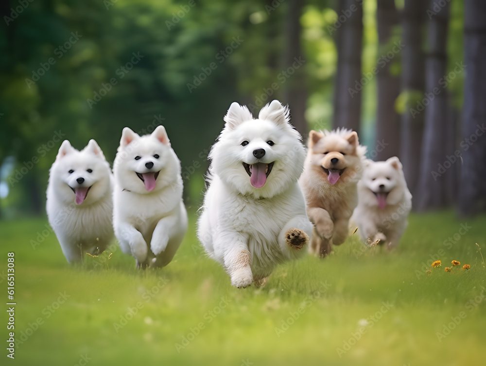 group of white dogs running in the park