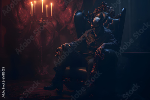 An image of a demon sitting in a throne, in the style of realistic and hyper-detailed renderings