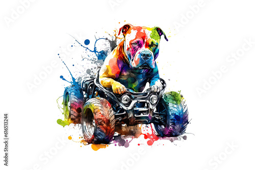 pit bull on a quad bike painted with colored watercolors isolated on a white background. Generated by AI.