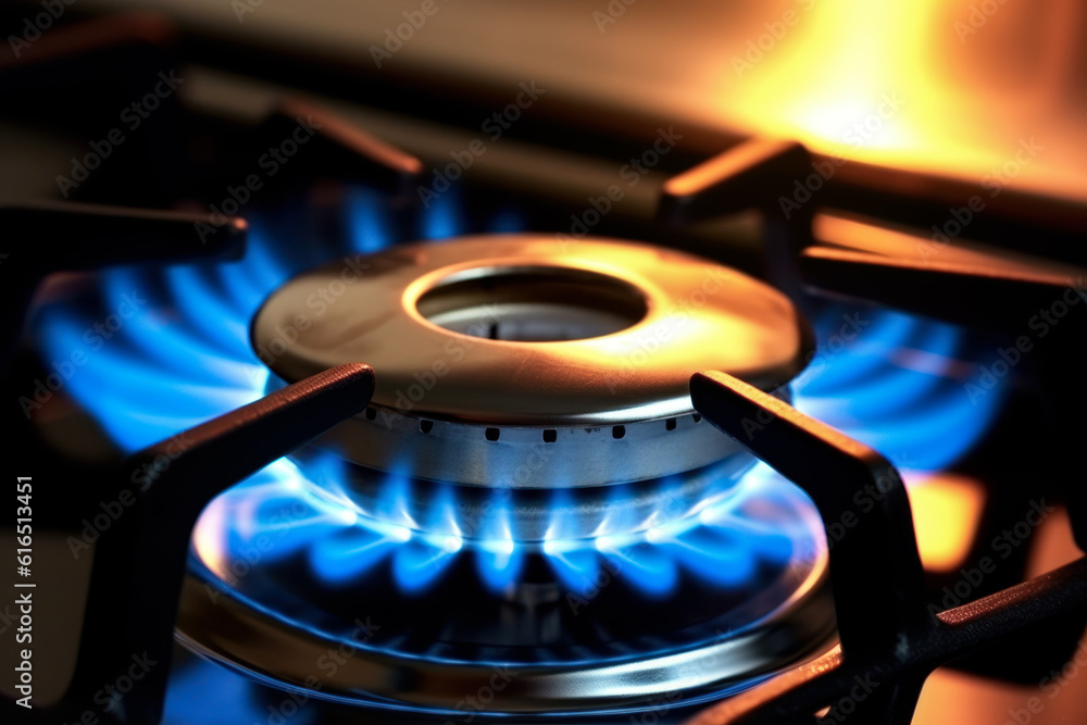 Blue kitchen gas stove flame in kitchen, black cast iron frame near, closeup detail. Generative AI Blue kitchen gas stove flame in kitchen, black cast iron frame near, closeup detail. Generative AI