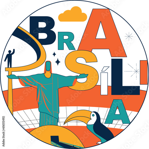 Typography word "Brasilia" branding technology concept. Collection of flat vector web icons, culture travel set, famous architectures and specialties detailed silhouette. Brazilian famous landmark.