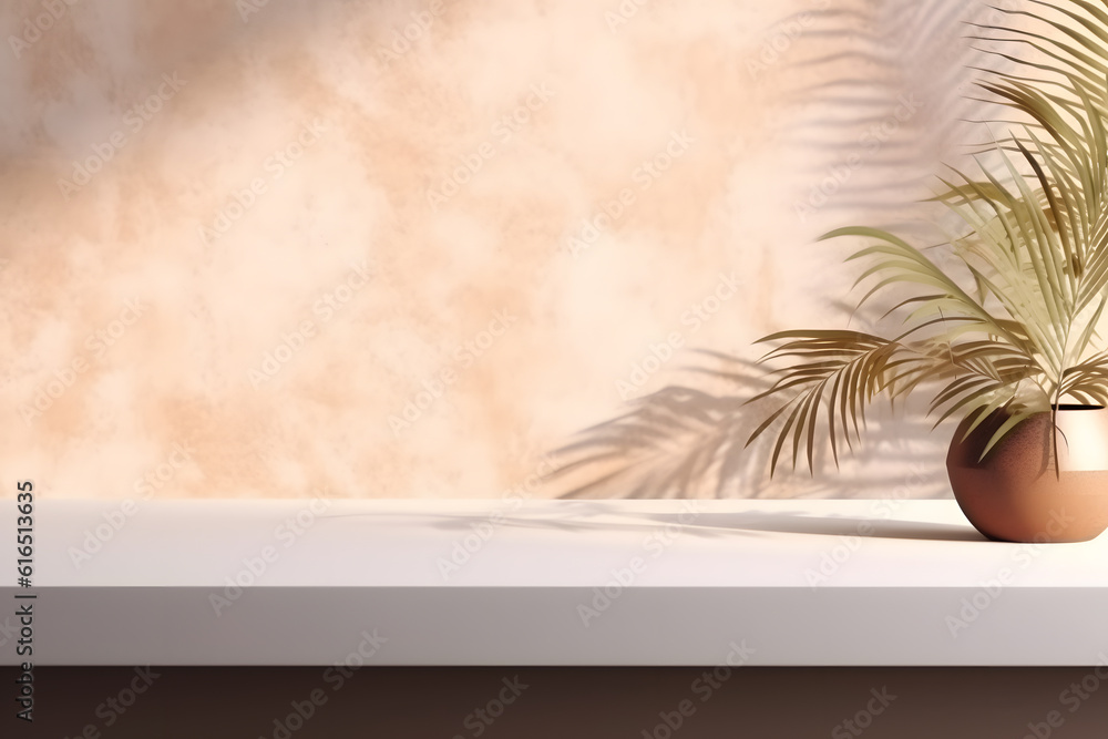 Modern empty pastel brown concrete counter table top in sunlight, palm leaf shadow on stucco texture wall. 3d rendering. Generative AI Modern empty pastel brown concrete counter table top in sunlight, palm leaf shadow on stucco texture wall. 3d rendering. Generative AI